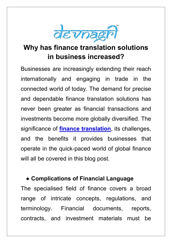 why has finance translation solutions in business