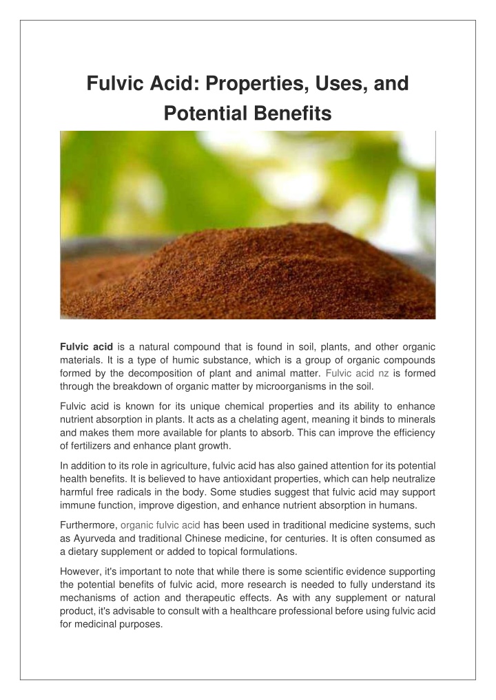 fulvic acid properties uses and potential benefits