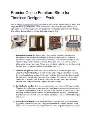 Premier Online Furniture Store for Timeless Designs || Evok