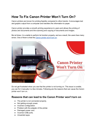 How To Fix Canon Printer Not Turning On