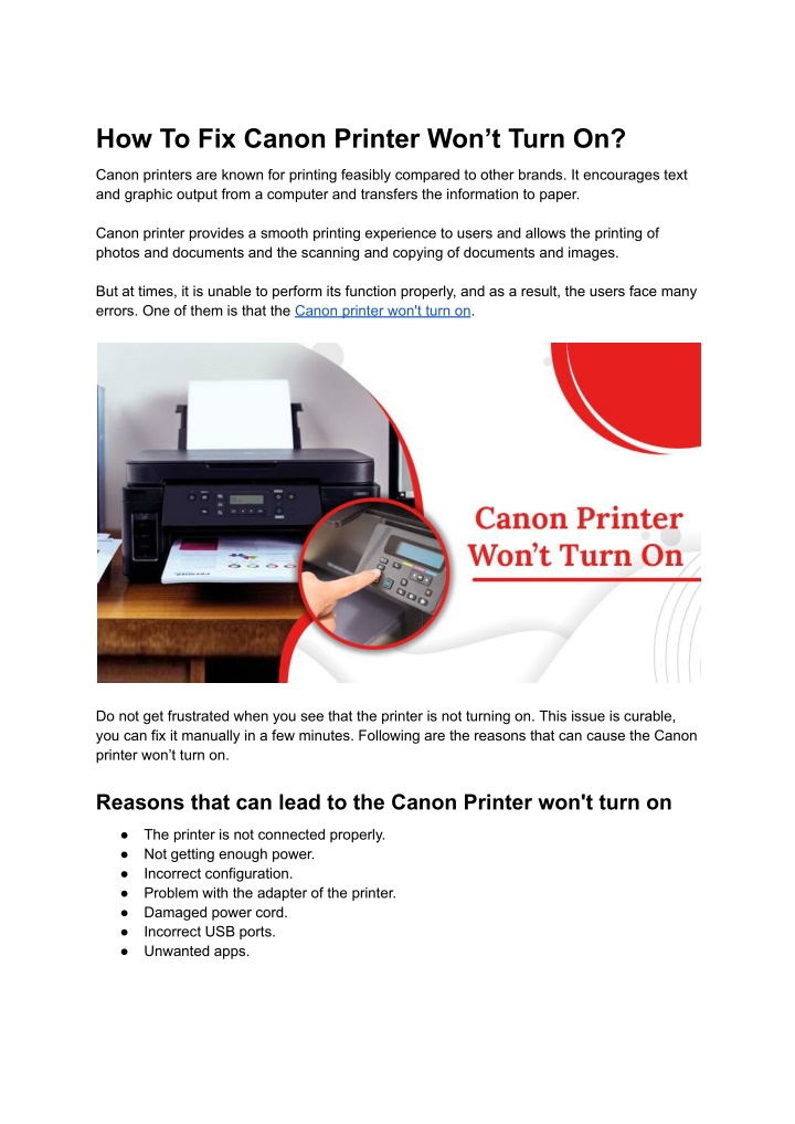 how to fix canon printer won t turn on