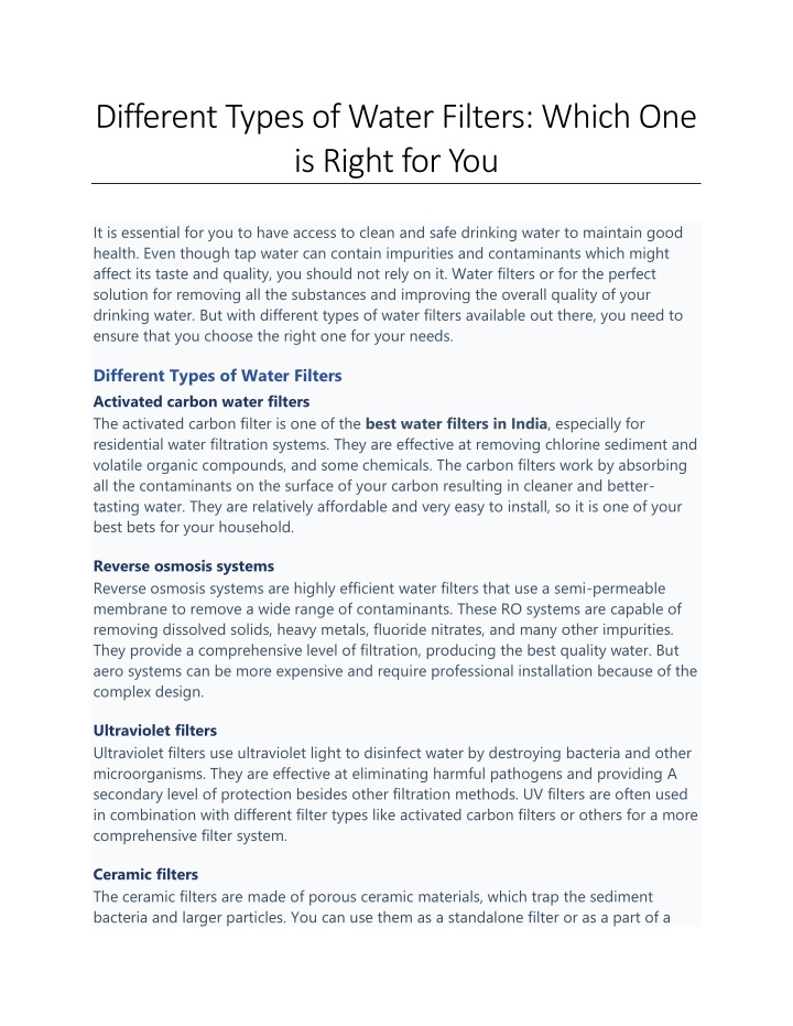 different types of water filters which