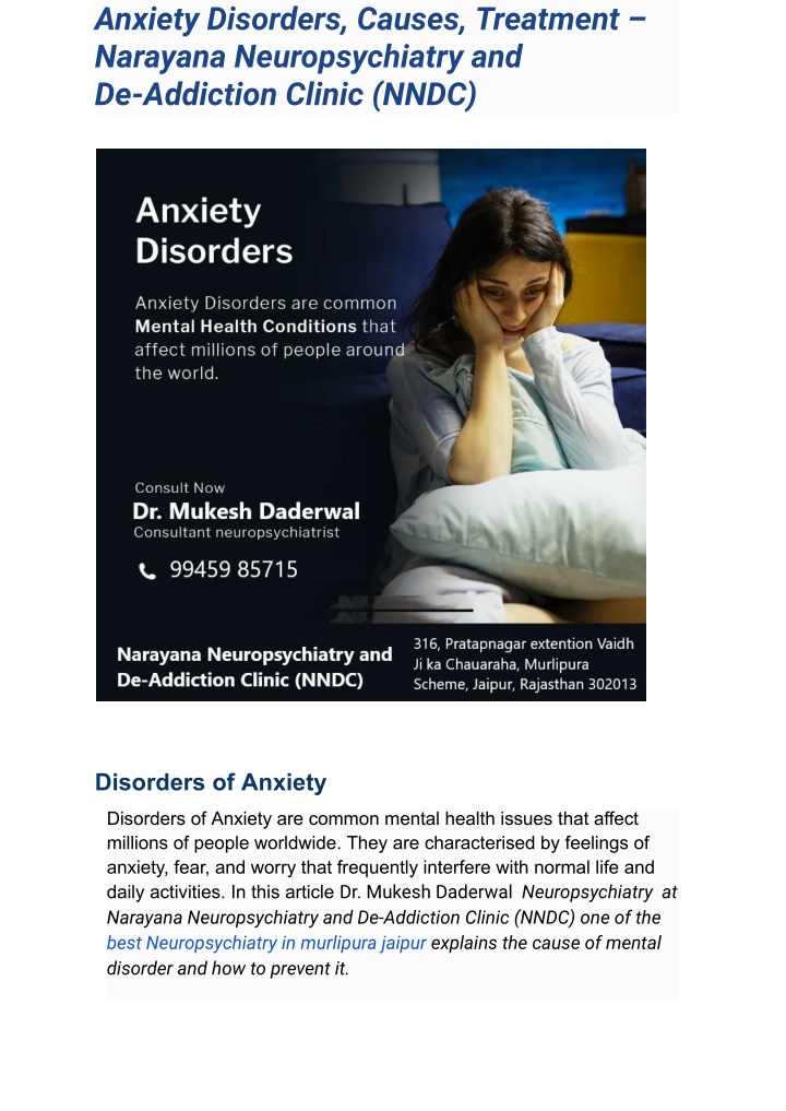 PPT - Anxiety Disorders, Causes, Treatment – Narayana Neuropsychiatry ...