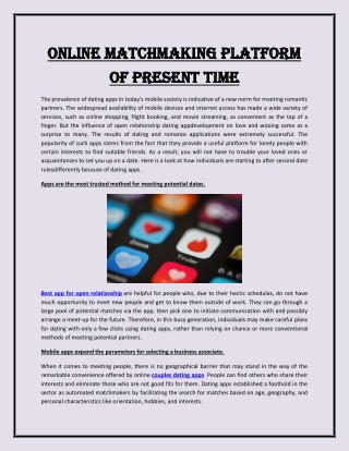 Online Matchmaking Platform of Present Time
