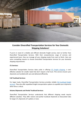 Consider Diversified Transportation Services for Your Domestic Shipping Solutions!