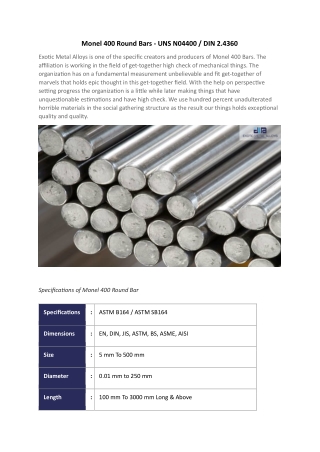 Specifications of Monel 400 Round Bar