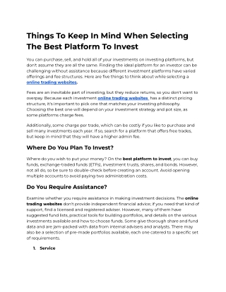 Things To Keep In Mind When Selecting The Best Platform To Invest