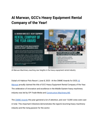 Al Marwan, GCC's Heavy Equipment Rental Company of the Year