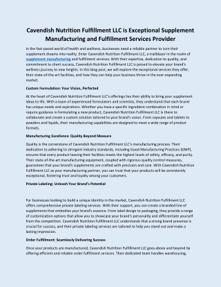 Cavendish Nutrition Fulfillment LLC is Exceptional Supplement Manufacturing and Fulfillment Services Provider