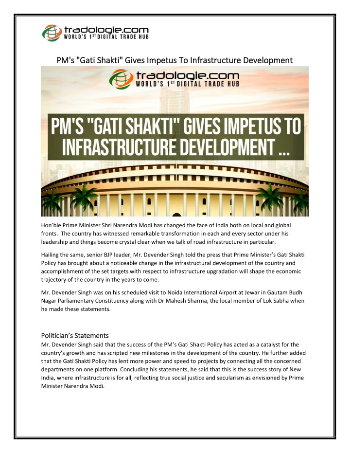 pm s gati shakti gives impetus to infrastructure