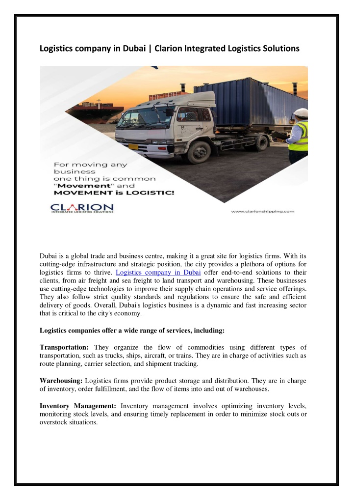 logistics company in dubai clarion integrated