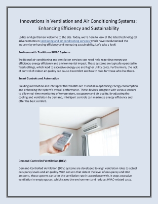 Innovations in Ventilation and Air Conditioning Systems- Enhancing Efficiency and Sustainability