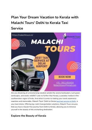 Plan Your Dream Vacation to Kerala with Malachi Tours' Delhi to Kerala Taxi Service