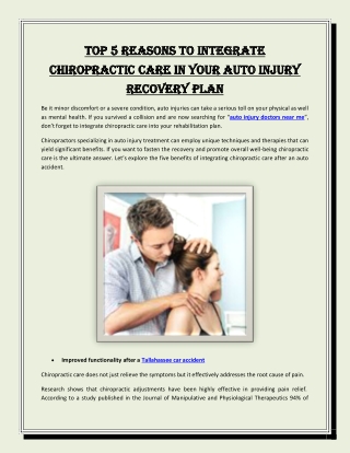 Top 5 reasons to integrate chiropractic care in your auto injury recovery plan