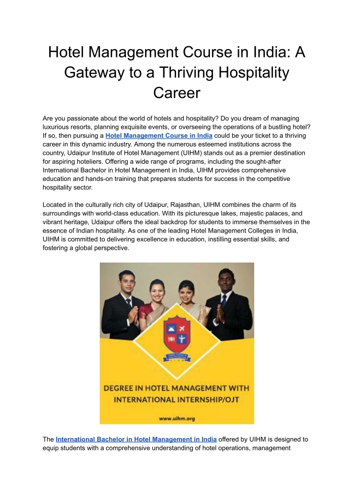 hotel management course in india a gateway
