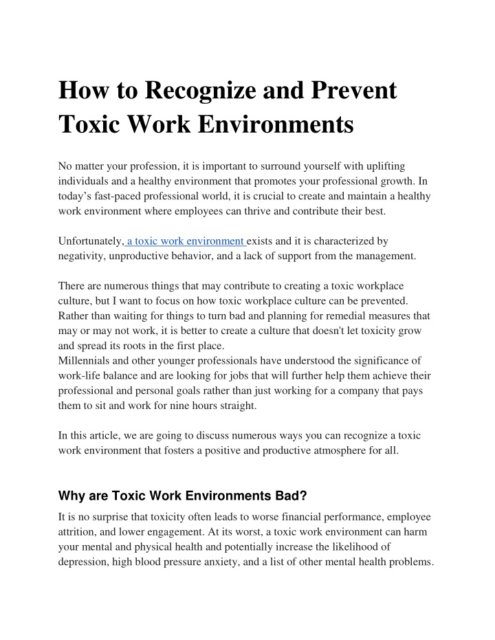 how to recognize and prevent toxic work