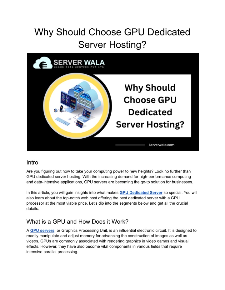 why should choose gpu dedicated server hosting