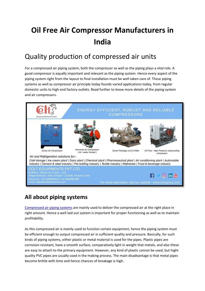 oil free air compressor manufacturers in india