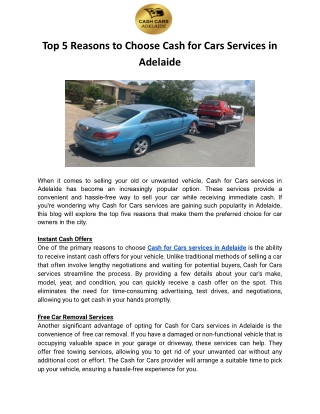 Top 5 Reasons to Choose Cash for Cars Services in Adelaide