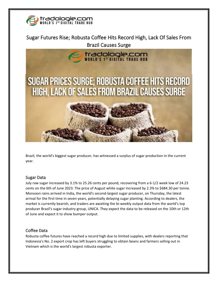 sugar futures rise robusta coffee hits record