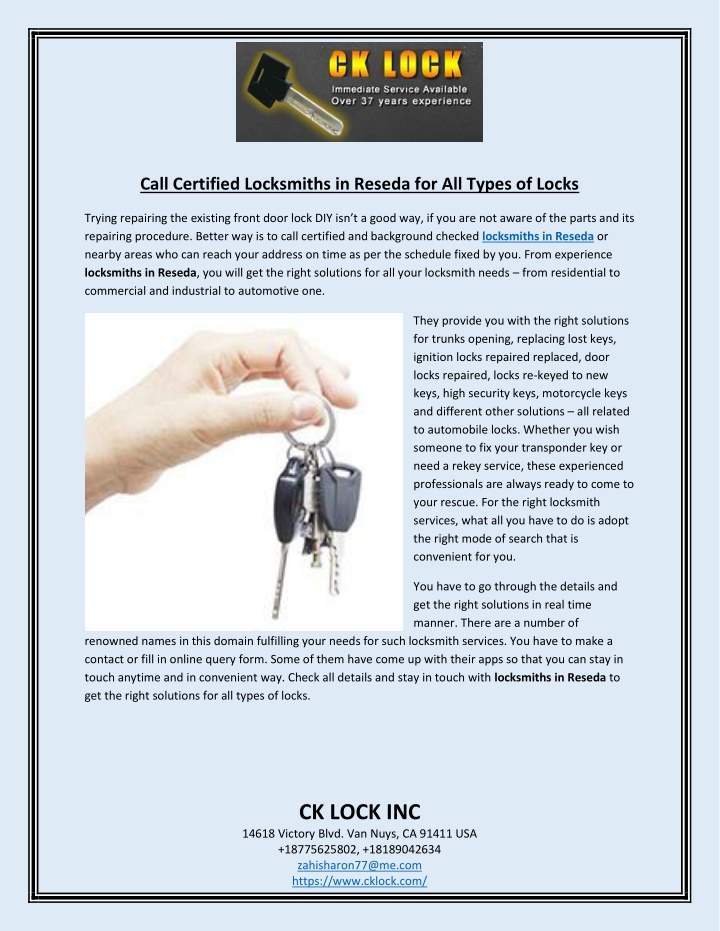 call certified locksmiths in reseda for all types