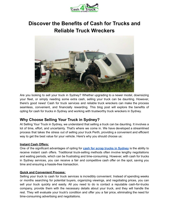 discover the benefits of cash for trucks
