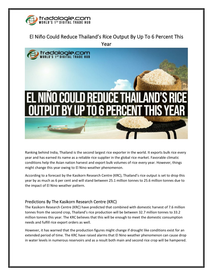 el ni o could reduce thailand s rice output