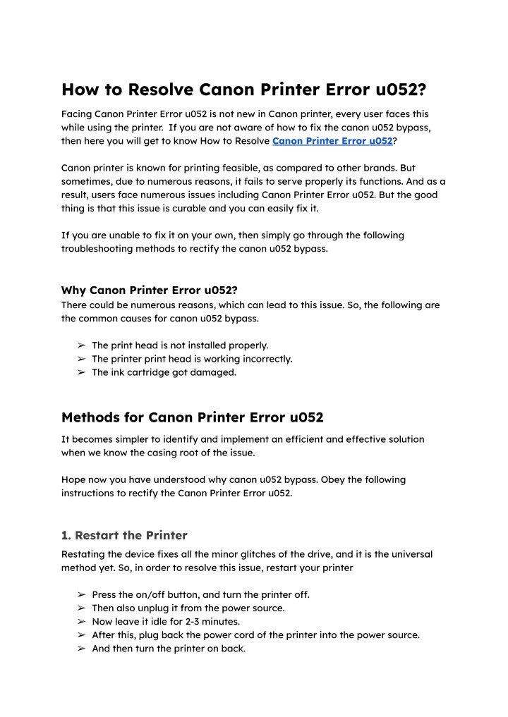 how to resolve canon printer error u052