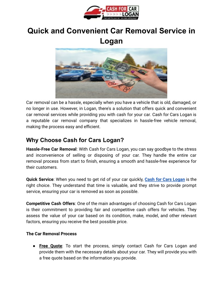 quick and convenient car removal service in logan