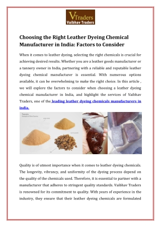 Choosing the Right Leather Dyeing Chemical Manufacturer in India Factors to Consider