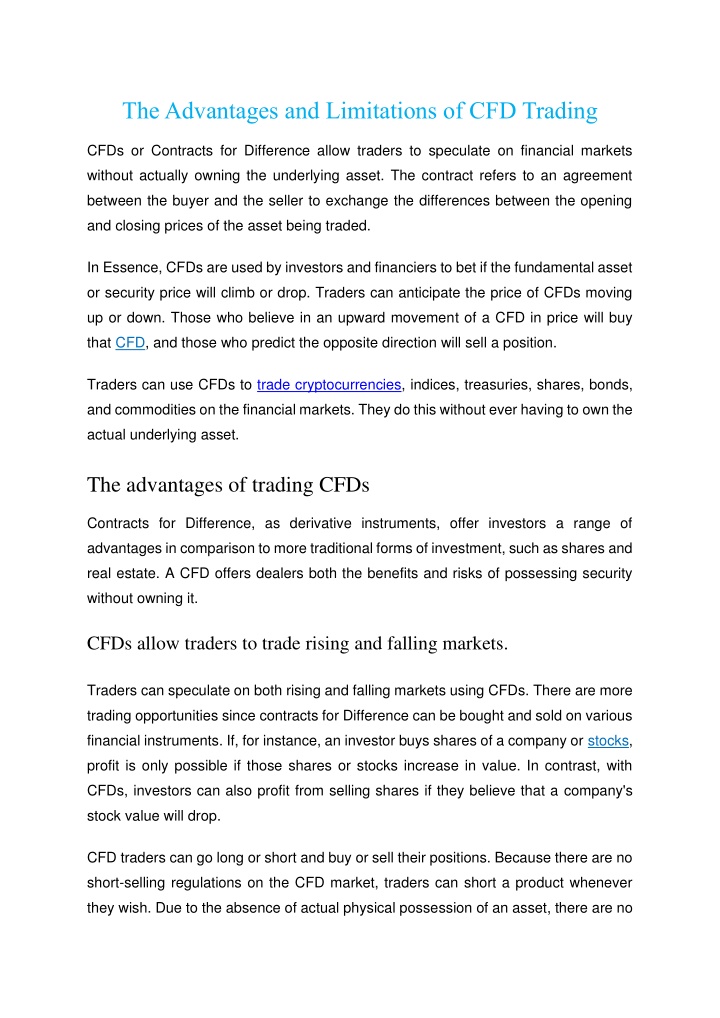the advantages and limitations of cfd trading