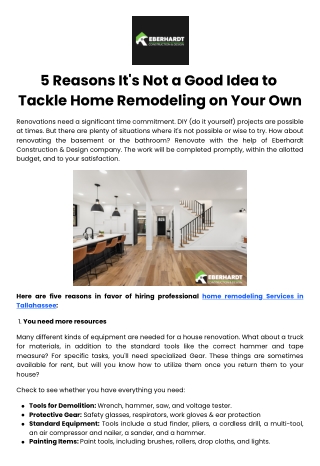 5 Reasons It's Not a Good Idea to Tackle Home Remodeling on Your Own