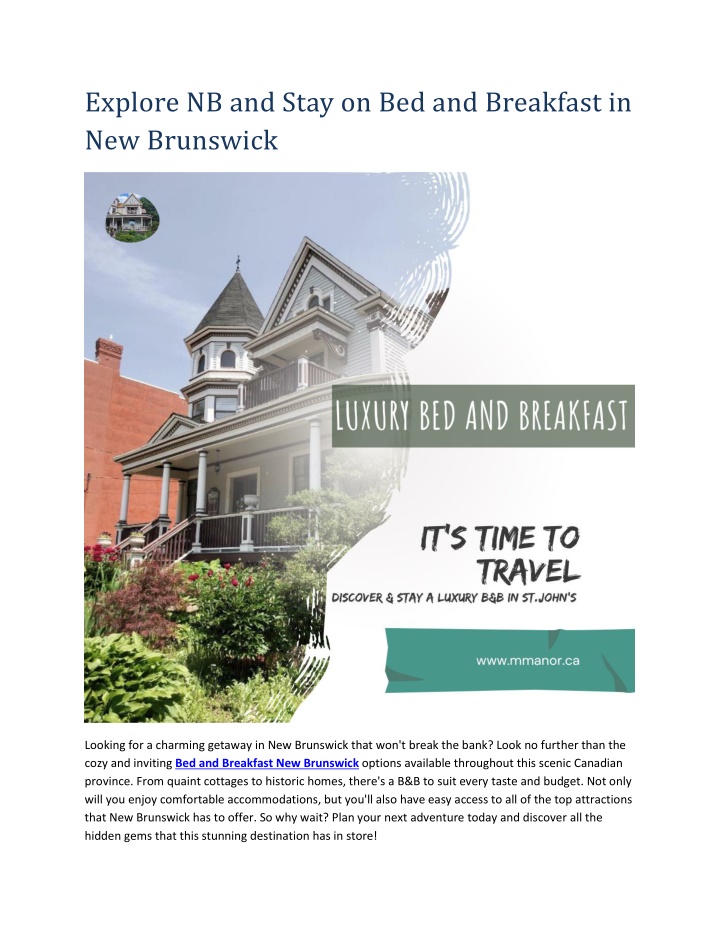 explore nb and stay on bed and breakfast