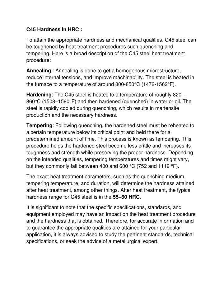 c45 hardness in hrc