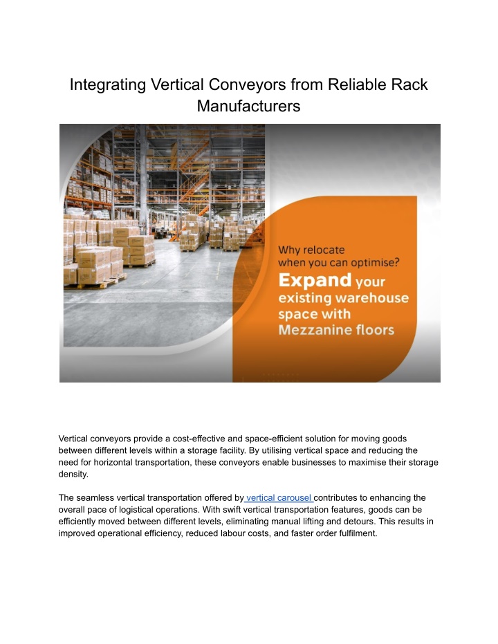 integrating vertical conveyors from reliable rack