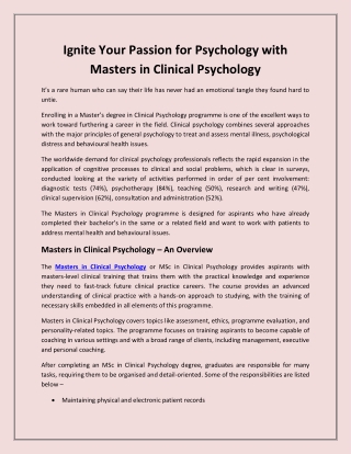 Ignite Your Passion for Psychology with Masters in Clinical Psychology