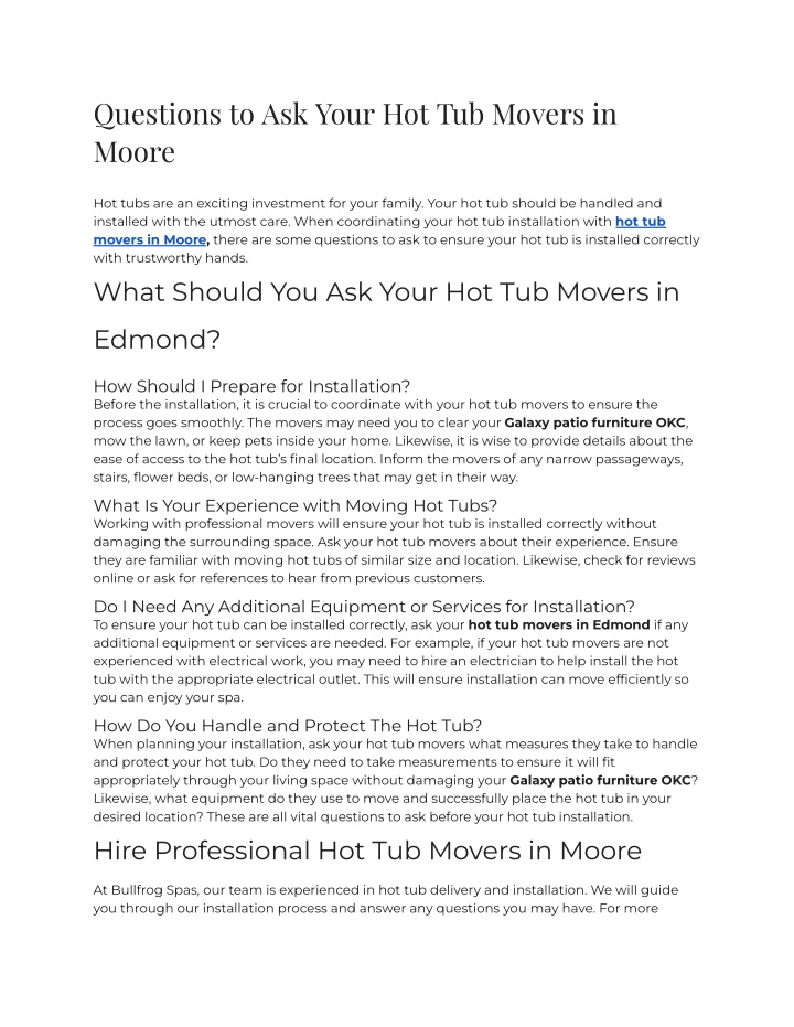 questions to ask your hot tub movers in moore