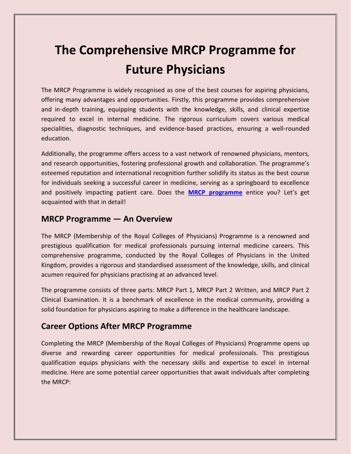 the comprehensive mrcp programme for future