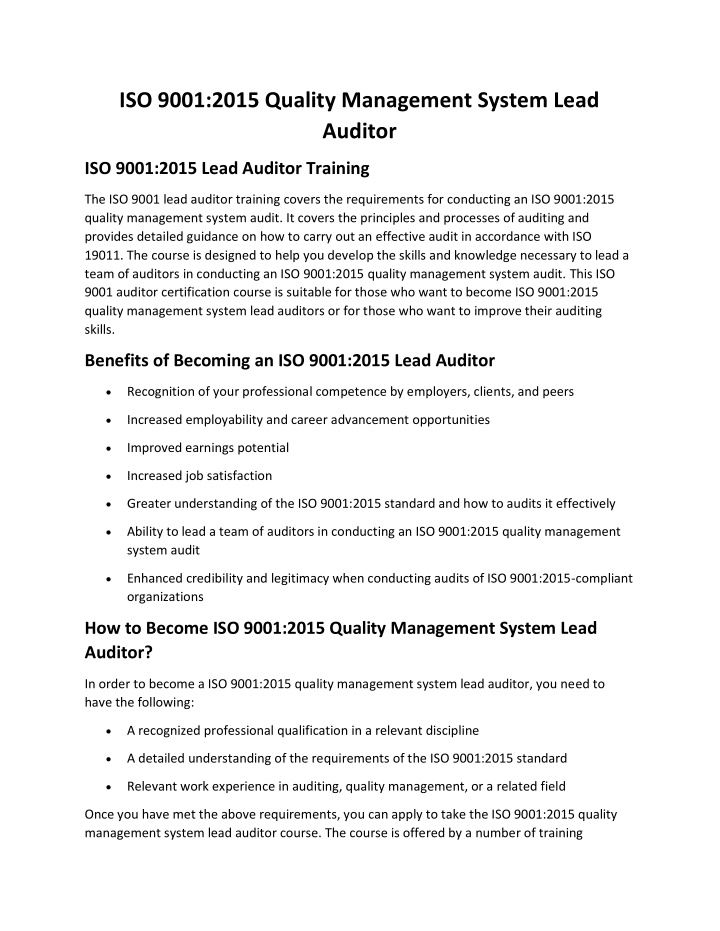iso 9001 2015 quality management system lead