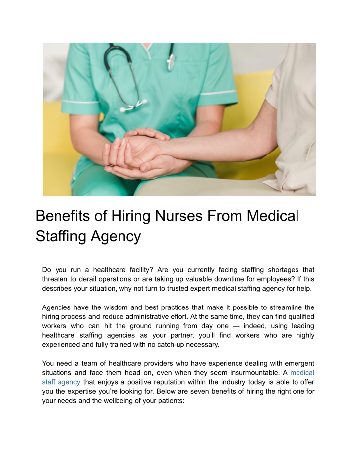 benefits of hiring nurses from medical staffing