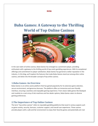 Buba Games- A Gateway to the Thrilling World of Top Online Casinos