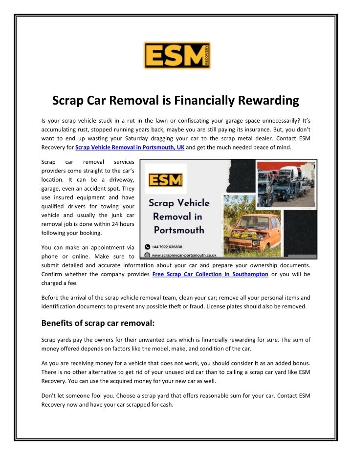 scrap car removal is financially rewarding
