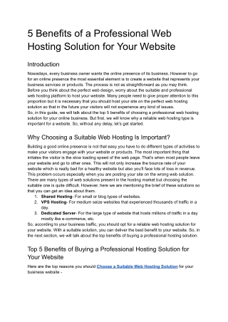 5 Benefits of a Professional Web Hosting Solution for Your Website