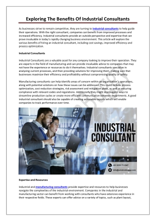 Industrial Consultants - Manufacturing Consultants