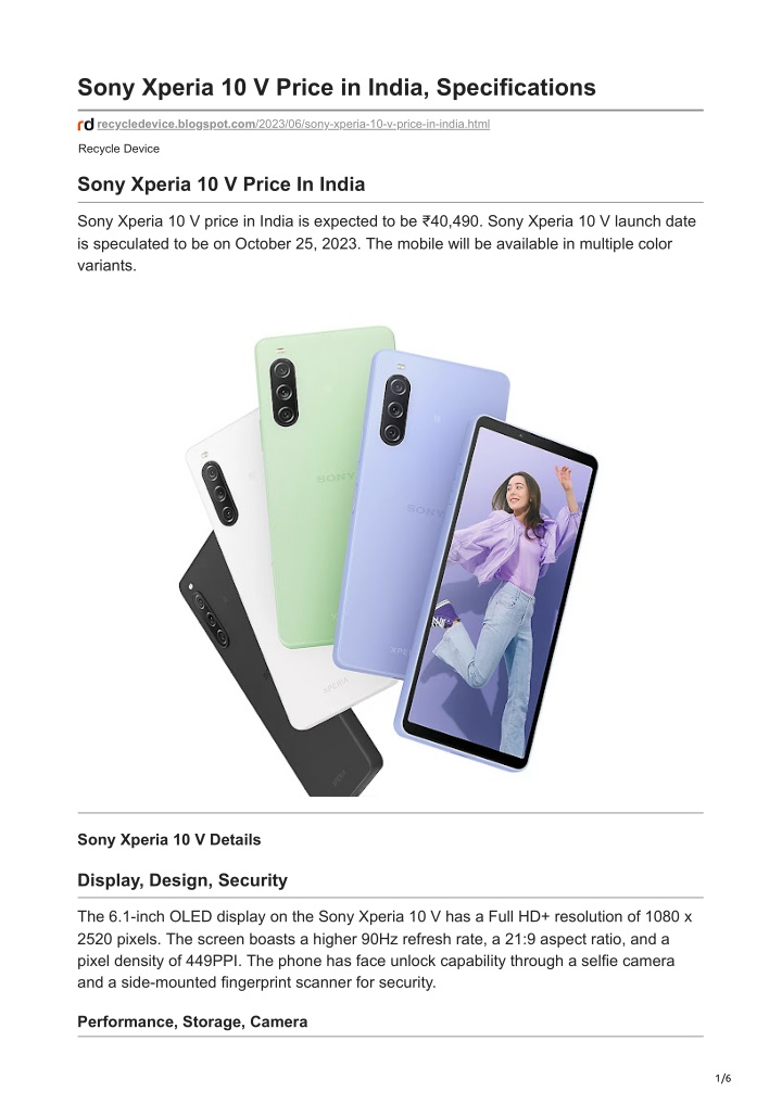 sony xperia 10 v price in india specifications