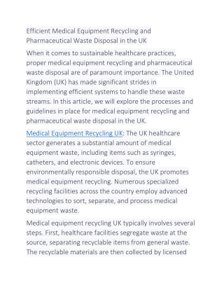 Efficient Medical Equipment Recycling and Pharmaceutical Waste Disposal in the UK