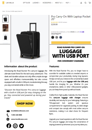 Road Runner Pro Carry-On Luggage with USB Port for Convenient Charging