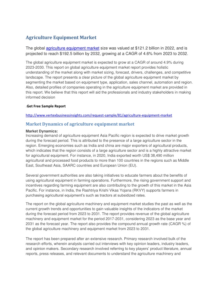 agriculture equipment market the global