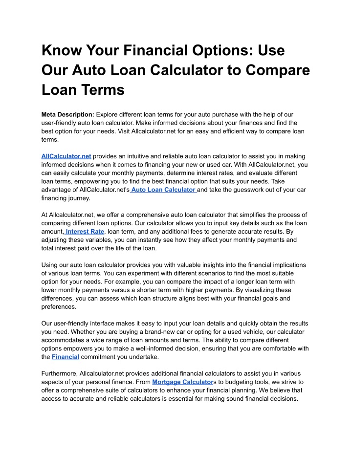know your financial options use our auto loan