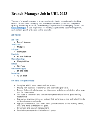 branch manager job in ubl 2023